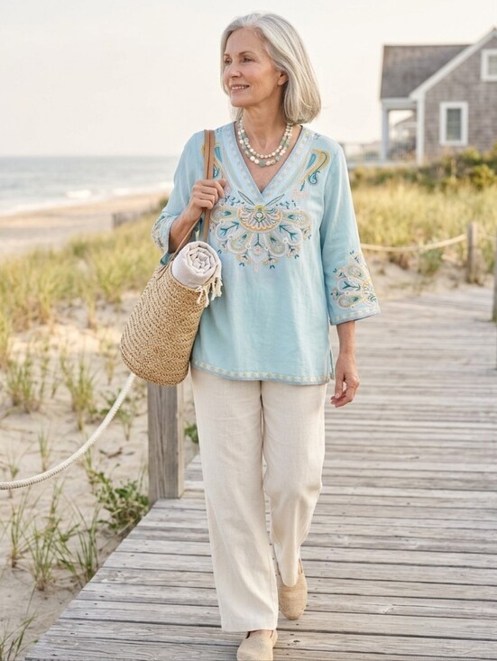 Soft Surroundings Tops - Soft Surroundings Light Blue Embroidered Tunic Top Petite Large Coastal Grandma